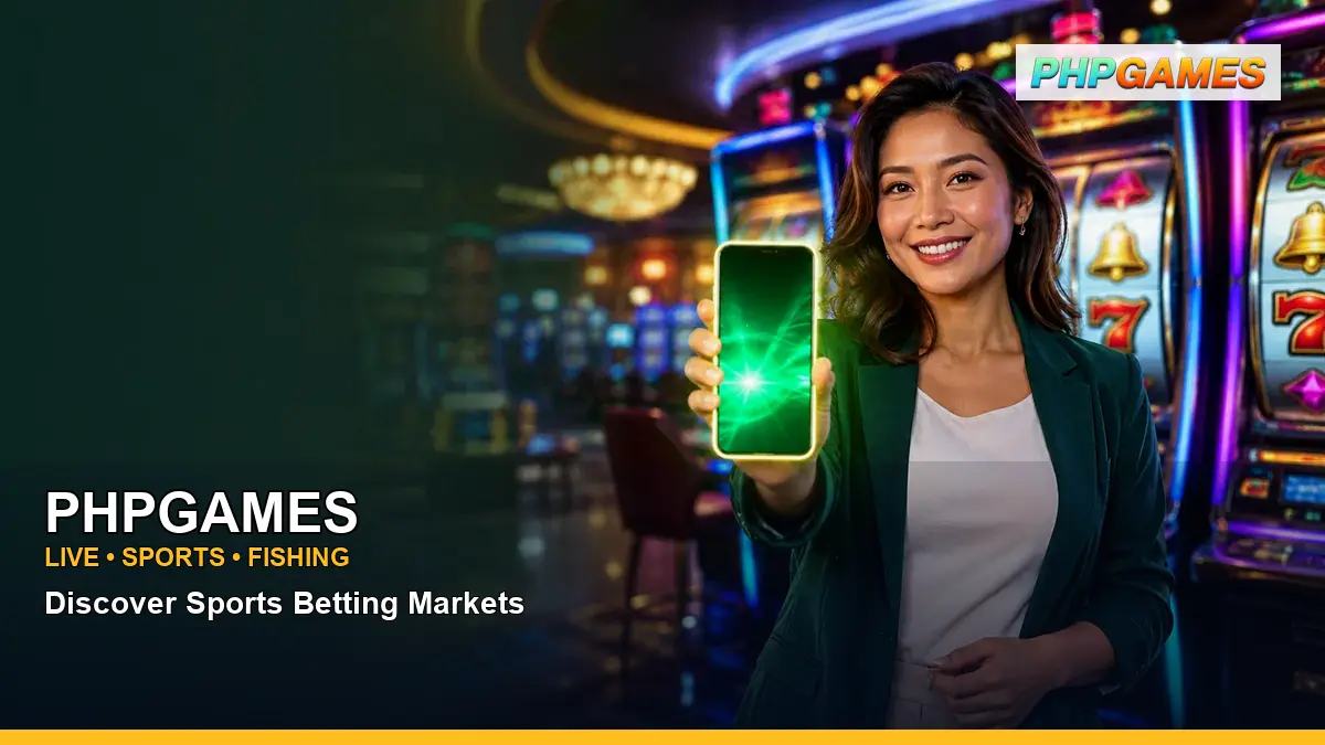 PHPGAMES casino first deposit rewards featuring an adult Filipina casino host with a vivid composition