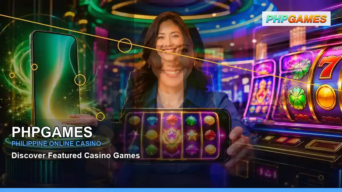 PHPGAMES Philippines casino guide with right close-up gold jackpot slot games and an adult Filipina casino host